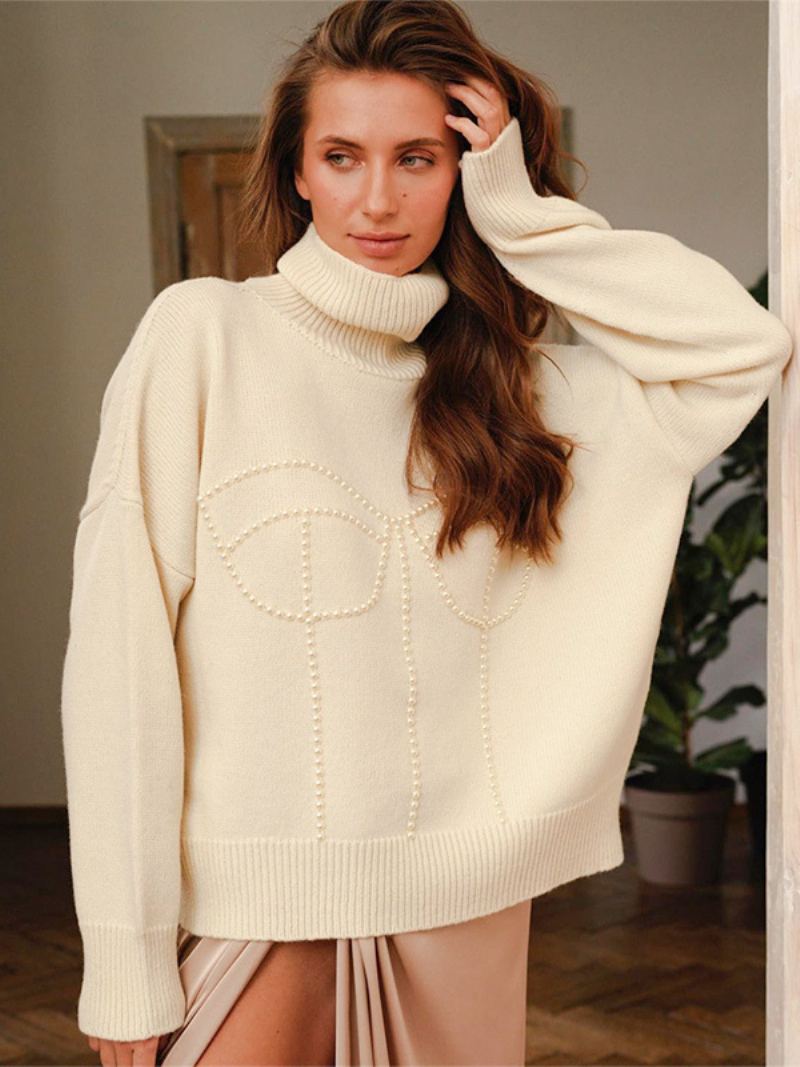 Dame Genser Polo Neck Drop Shoulder Ribbed Oversized Pullover - Hvit