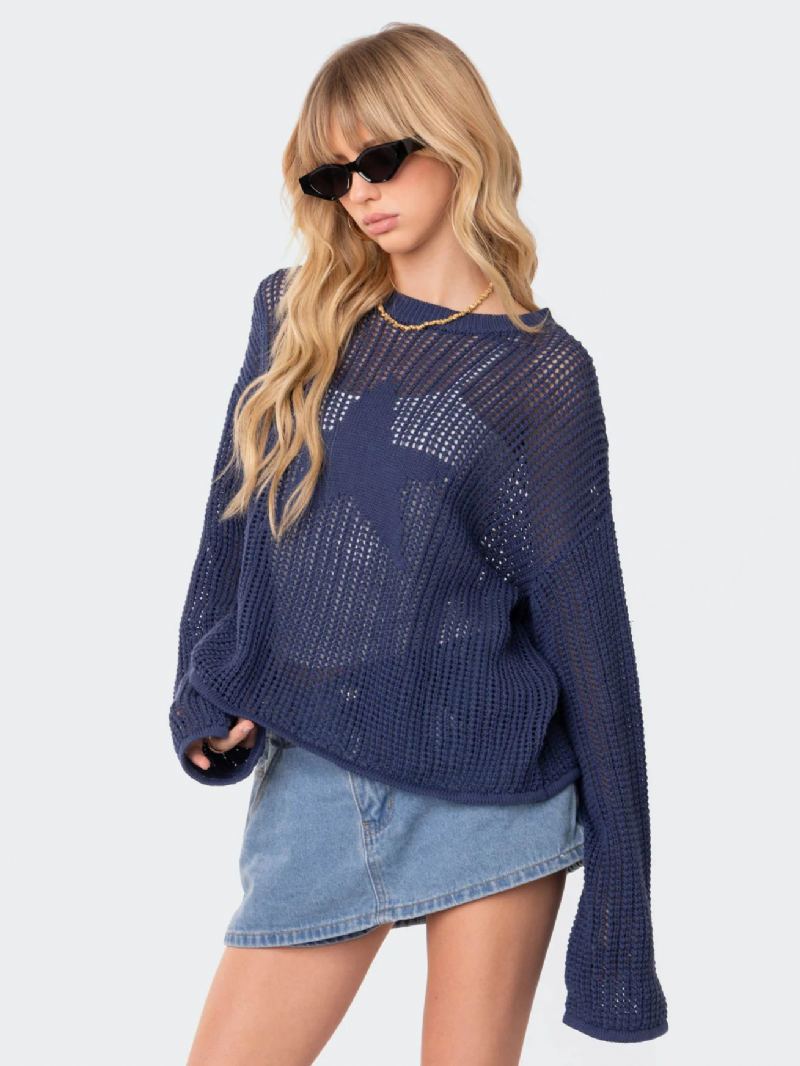 Dame Hollow Genser Star Rund Neck Ribbed Day Pullover - Blå