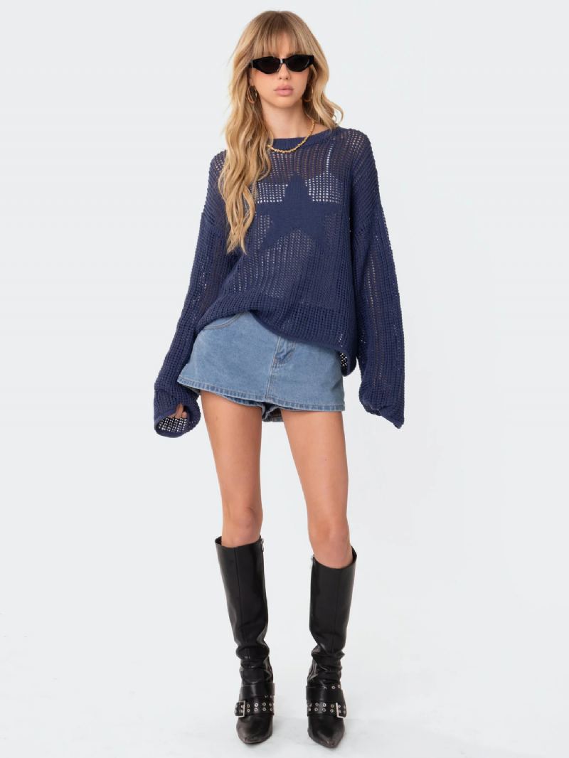 Dame Hollow Genser Star Rund Neck Ribbed Day Pullover - Blå