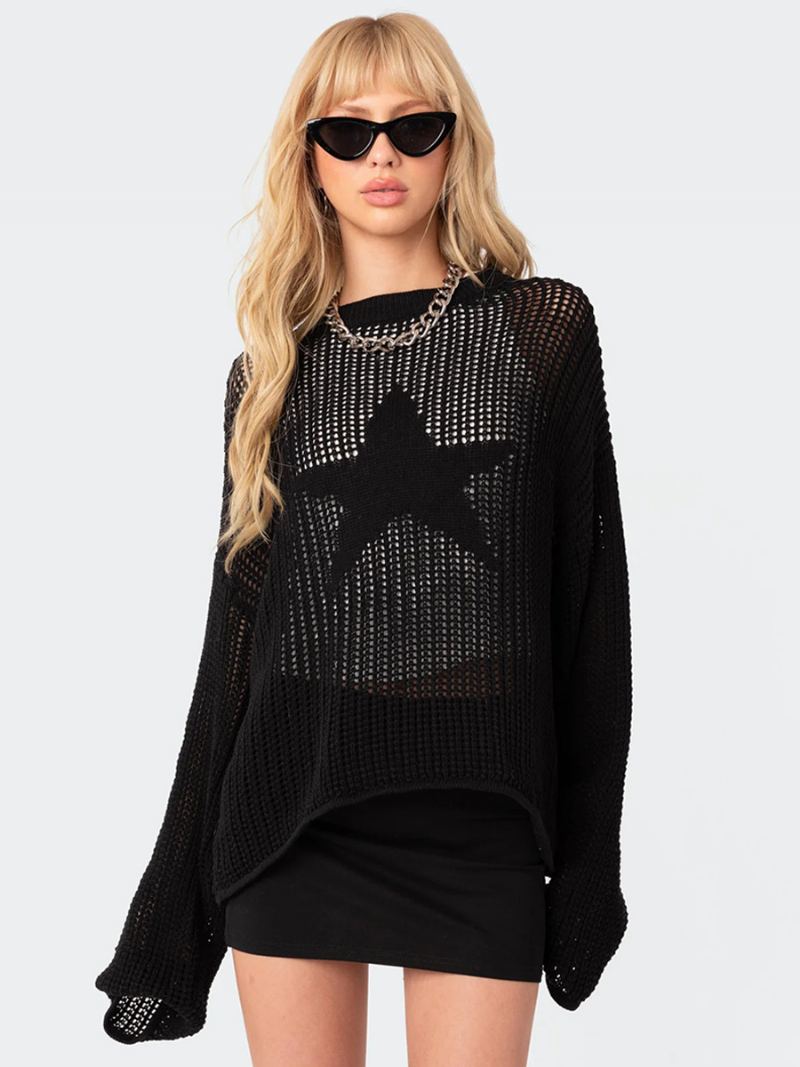 Dame Hollow Genser Star Rund Neck Ribbed Day Pullover - Sort