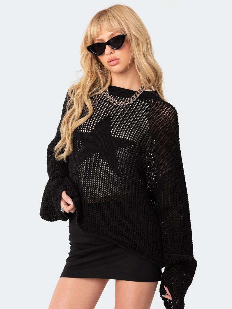 Dame Hollow Genser Star Rund Neck Ribbed Day Pullover - Sort