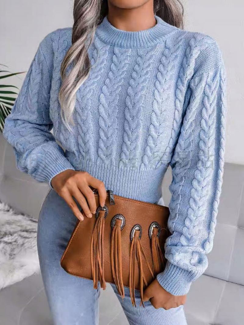 Dame Pullover Genser Baby Blue Jewel Neck Langermede Bomullsgensere - Babyblå