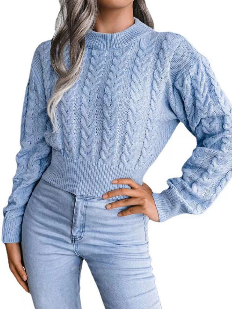 Dame Pullover Genser Baby Blue Jewel Neck Langermede Bomullsgensere - Babyblå