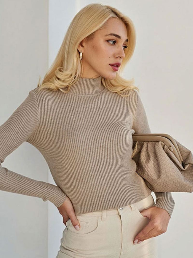 Dame Pullover Topper Høy Krage Langermede Gensere - Khaki