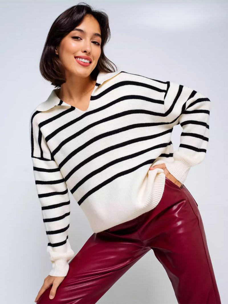 Dame Stripes Genser V-hals Drop Shoulder Ribbed Trim Casual Pullover