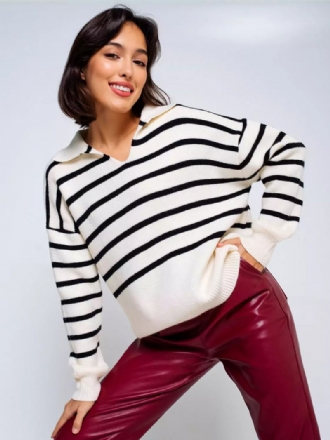 Dame Stripes Genser V-hals Drop Shoulder Ribbed Trim Casual Pullover