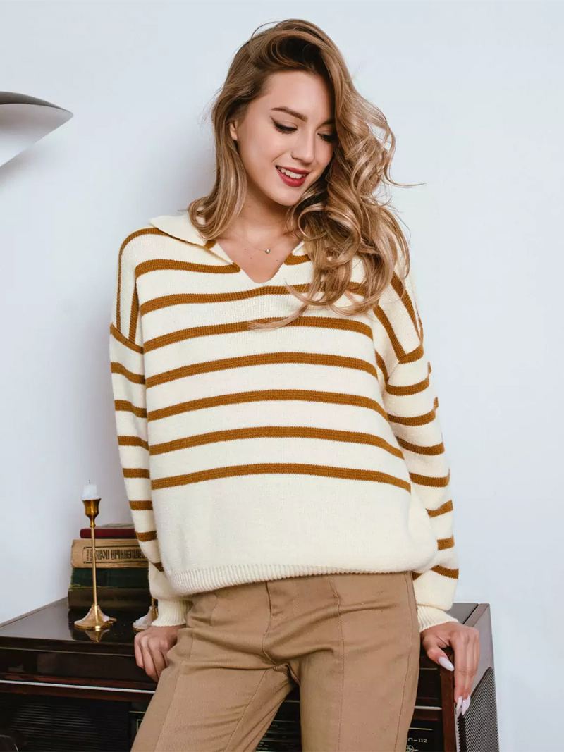 Dame Stripes Genser V-hals Drop Shoulder Ribbed Trim Casual Pullover - Lys Lys Gul