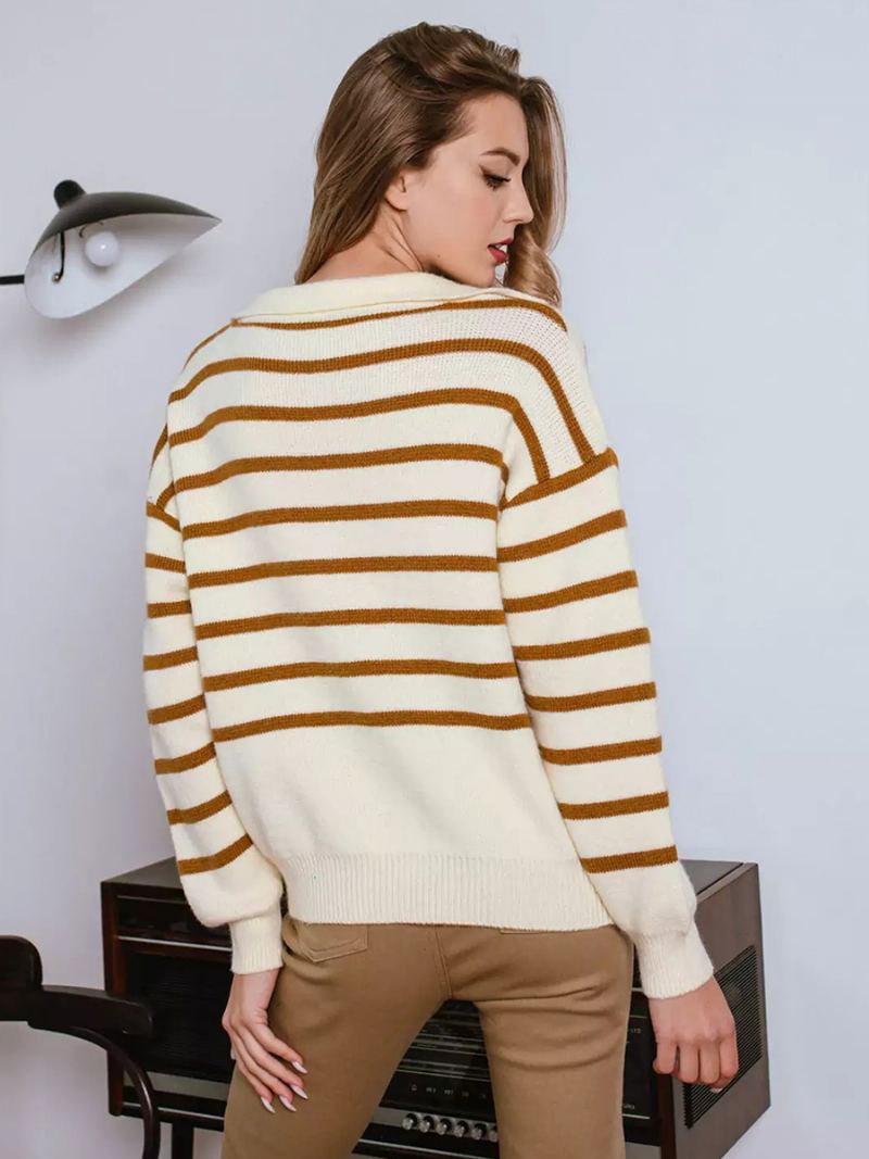 Dame Stripes Genser V-hals Drop Shoulder Ribbed Trim Casual Pullover - Lys Lys Gul