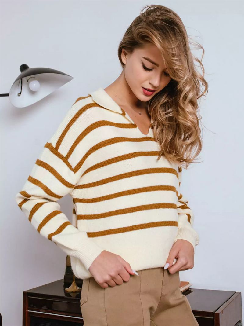 Dame Stripes Genser V-hals Drop Shoulder Ribbed Trim Casual Pullover - Lys Lys Gul