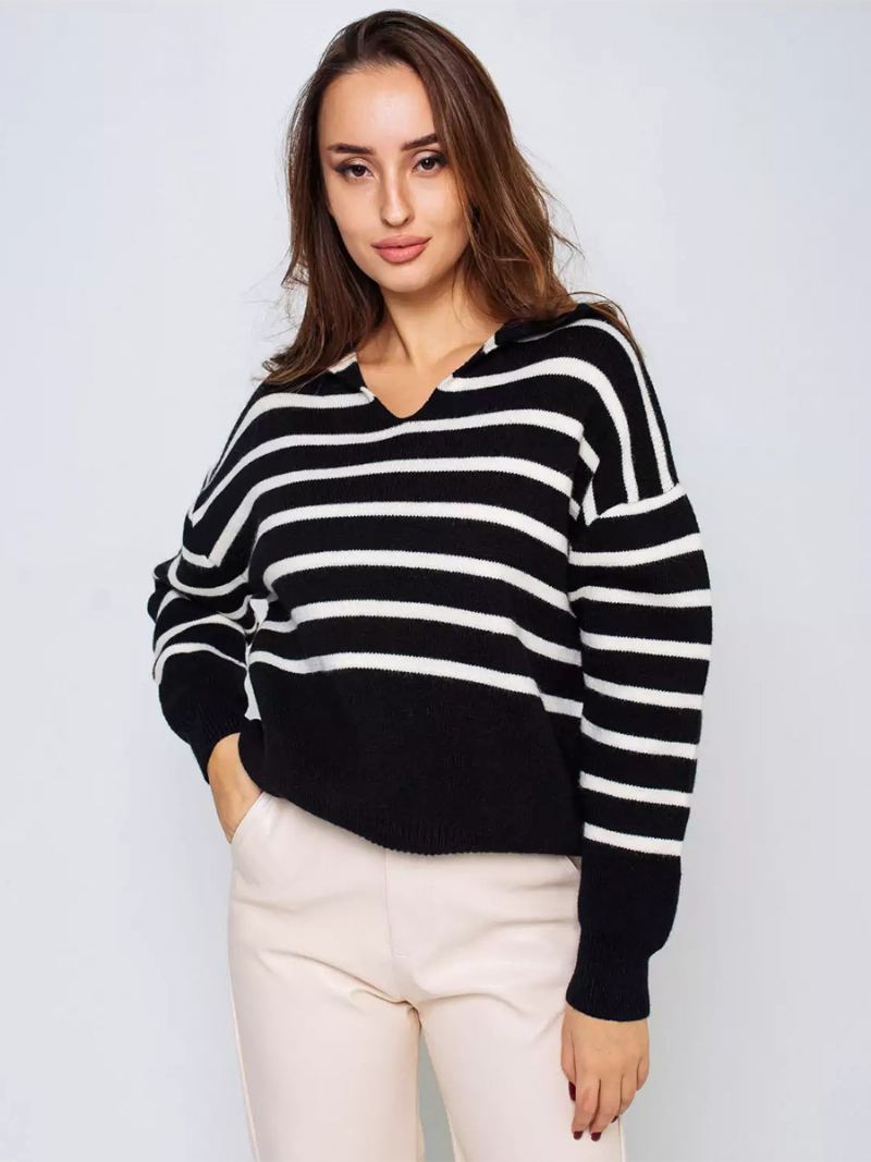 Dame Stripes Genser V-hals Drop Shoulder Ribbed Trim Casual Pullover - Sort