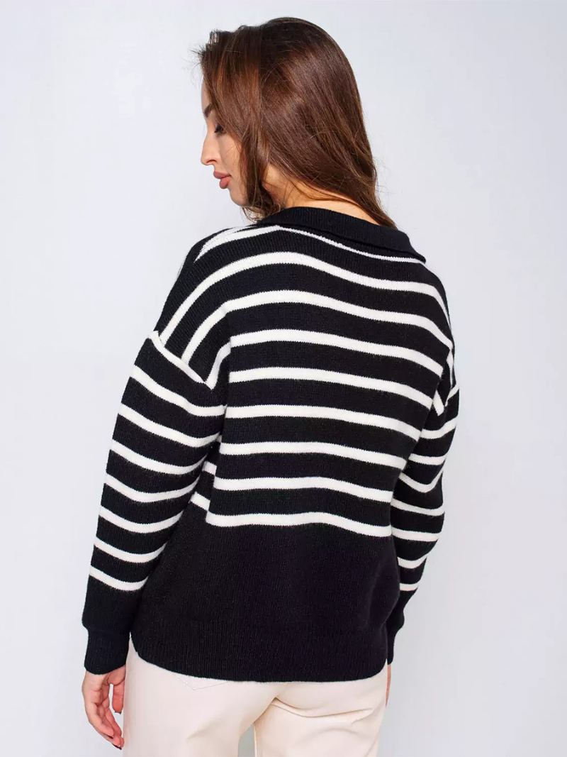 Dame Stripes Genser V-hals Drop Shoulder Ribbed Trim Casual Pullover - Sort