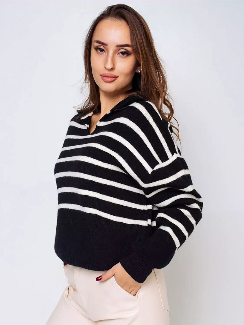 Dame Stripes Genser V-hals Drop Shoulder Ribbed Trim Casual Pullover - Sort