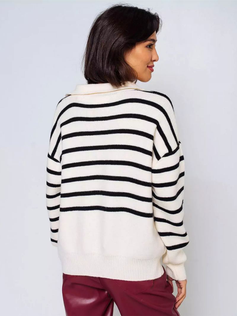 Dame Stripes Genser V-hals Drop Shoulder Ribbed Trim Casual Pullover - Hvit