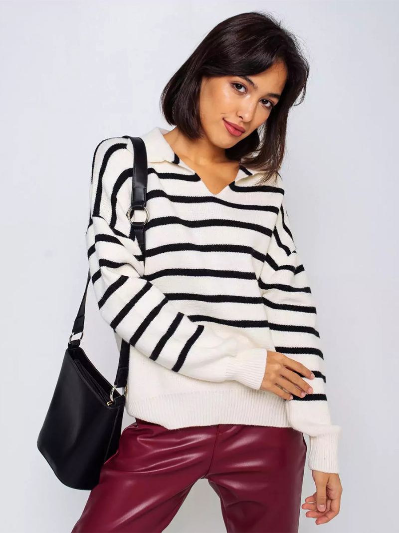 Dame Stripes Genser V-hals Drop Shoulder Ribbed Trim Casual Pullover - Hvit