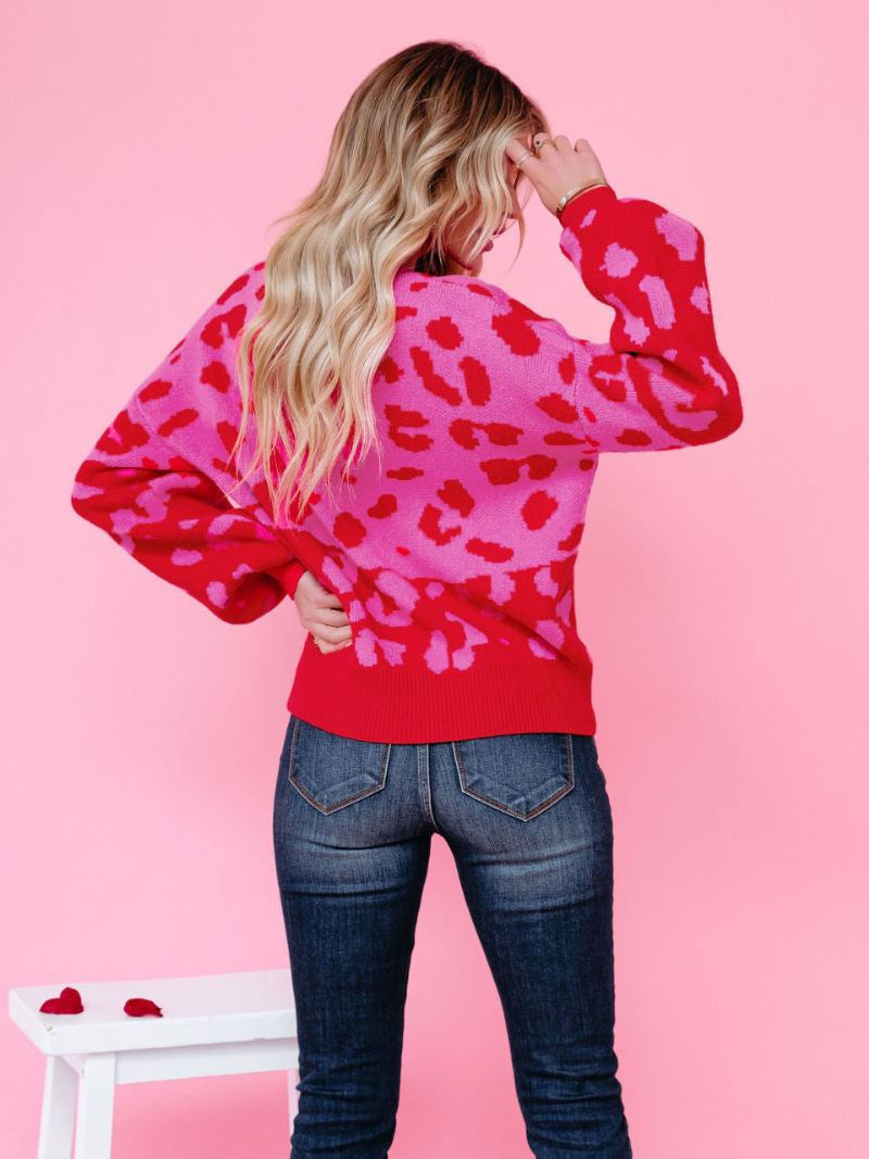 Kvinner Pullover Genser Rose Leopard Print Jewel Neck Langermet Akryl Gensere - Rose