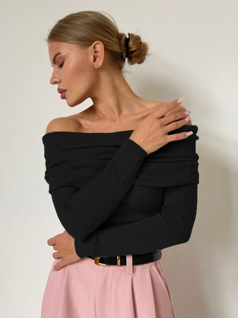 Off Shoulder Pullover Langermet Høst Vinter Genser For Dame - Sort