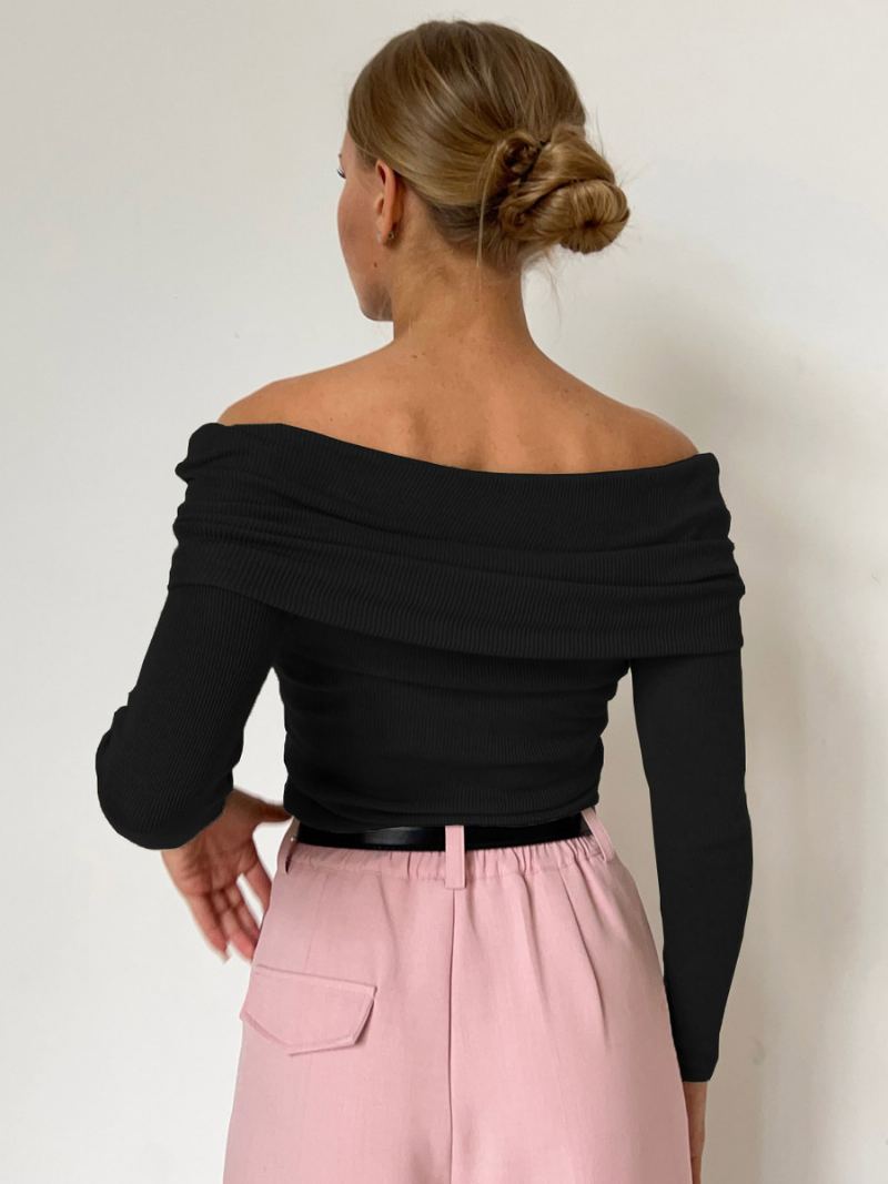 Off Shoulder Pullover Langermet Høst Vinter Genser For Dame - Sort