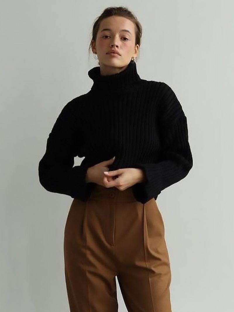 Polo Neck Genser Drop Shoulder Ensfargede Gensere For Kvinner