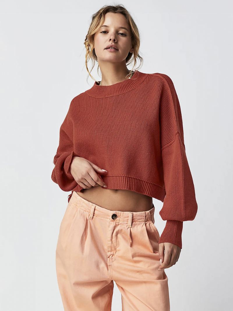 Ribbet Genser Drop Shoulder Langermet Slit Crop Top For Dame