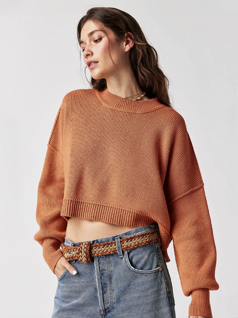 Ribbet Genser Drop Shoulder Langermet Slit Crop Top For Dame - Lys Brun