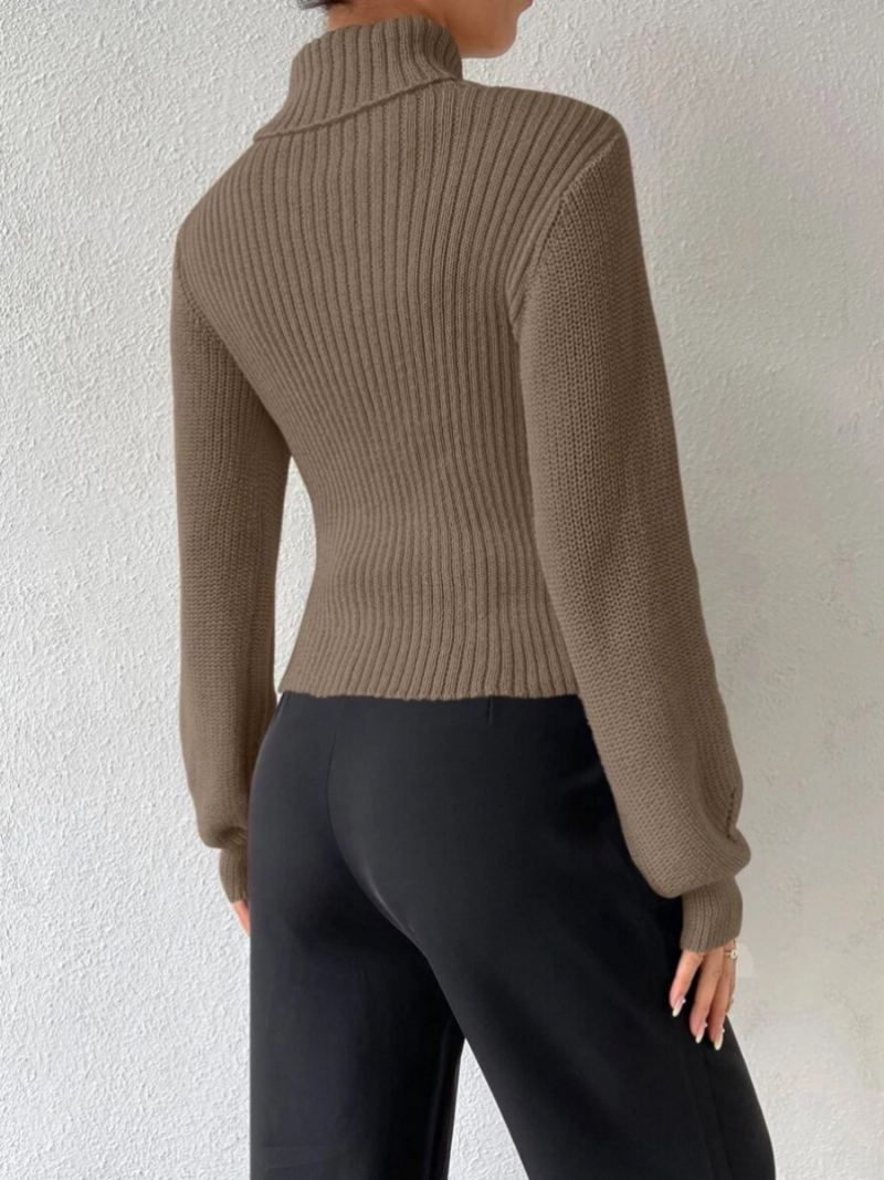 Ribbet Genser Med Høy Krage Cutout Mansjett Sexy Pullover For Kvinner - Khaki