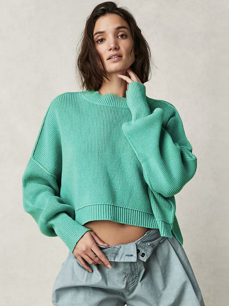 Strip Pullover Rundhals Drop Shoulder Langermet Dame Genser - Mintgrønn