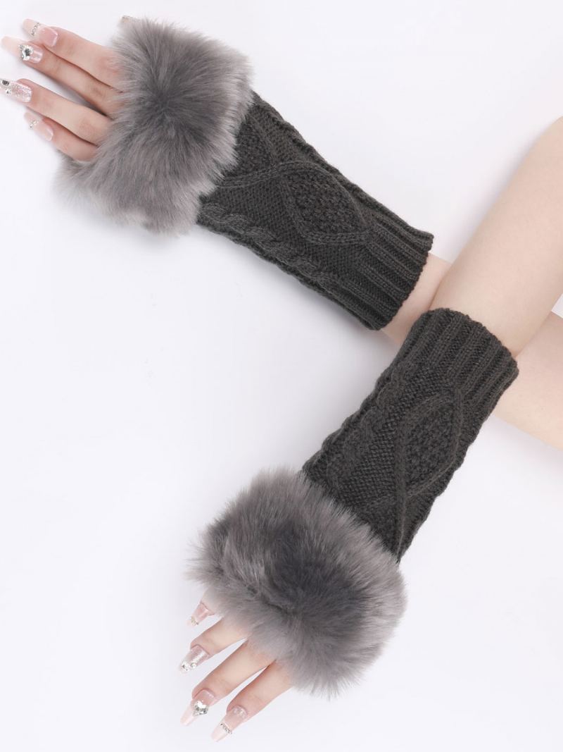 Hansker For Dame Pom Poms Fingerløse Vinter Varme Strikkehansker - Deep Grey