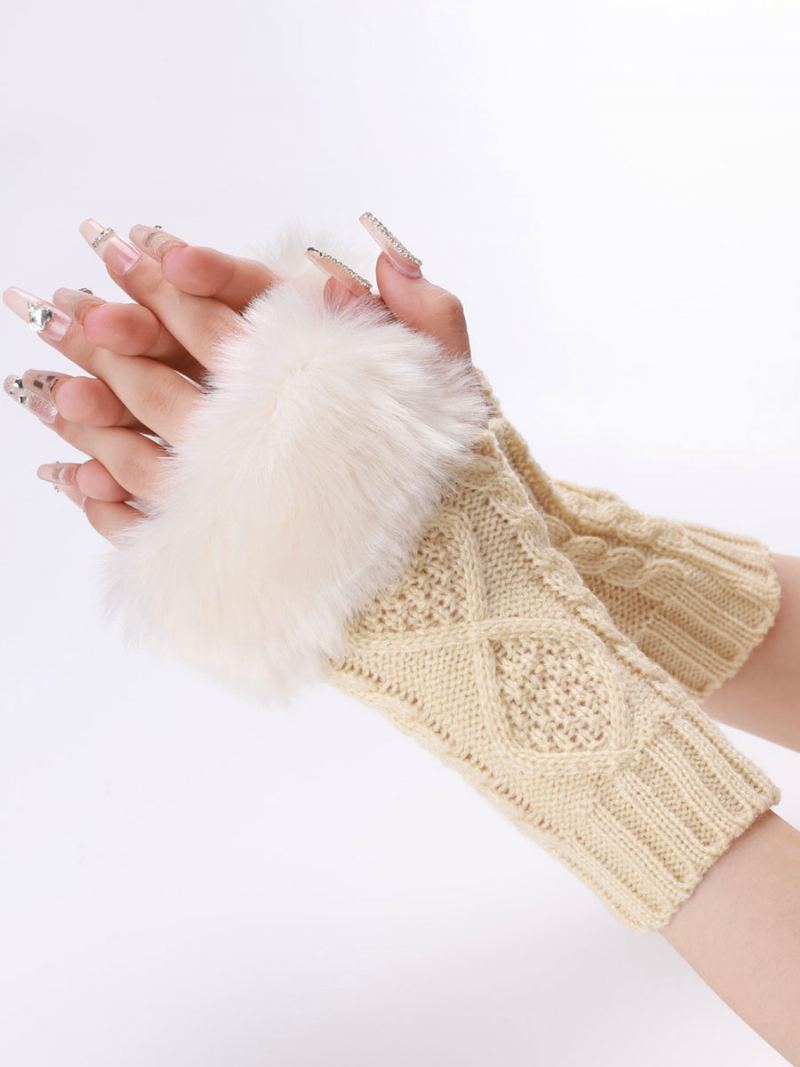 Hansker For Dame Pom Poms Fingerløse Vinter Varme Strikkehansker - Beige