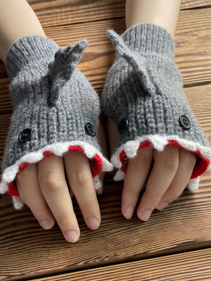 Hansker For Kvinner Animal Print Heklet Shark Shape Fingerless Home Wear Vinter Varm Søt Acc - Grå