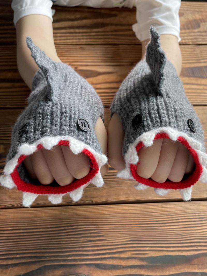 Hansker For Kvinner Animal Print Heklet Shark Shape Fingerless Home Wear Vinter Varm Søt Acc - Grå