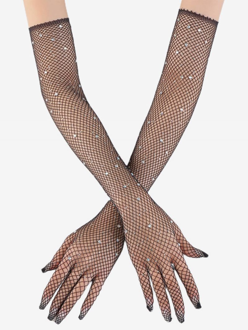 Rhinestone Mesh Arm Sleeve Bling Fishnet Lange Hansker For Kvinner