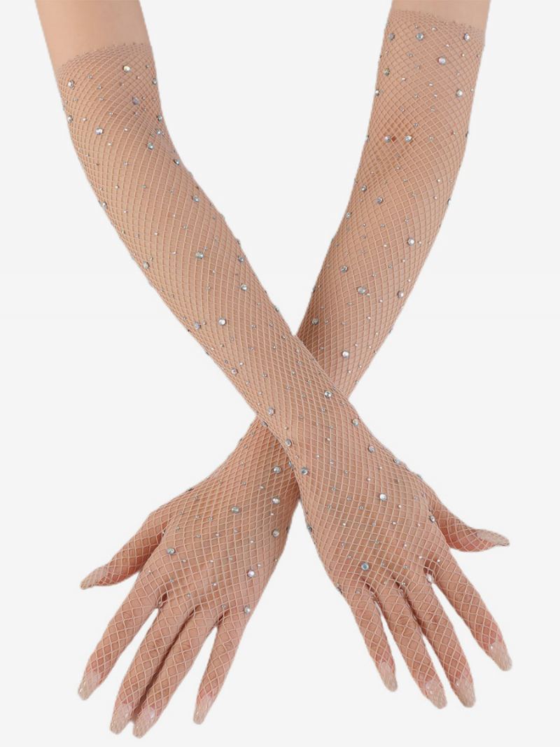 Rhinestone Mesh Arm Sleeve Bling Fishnet Lange Hansker For Kvinner - Beige