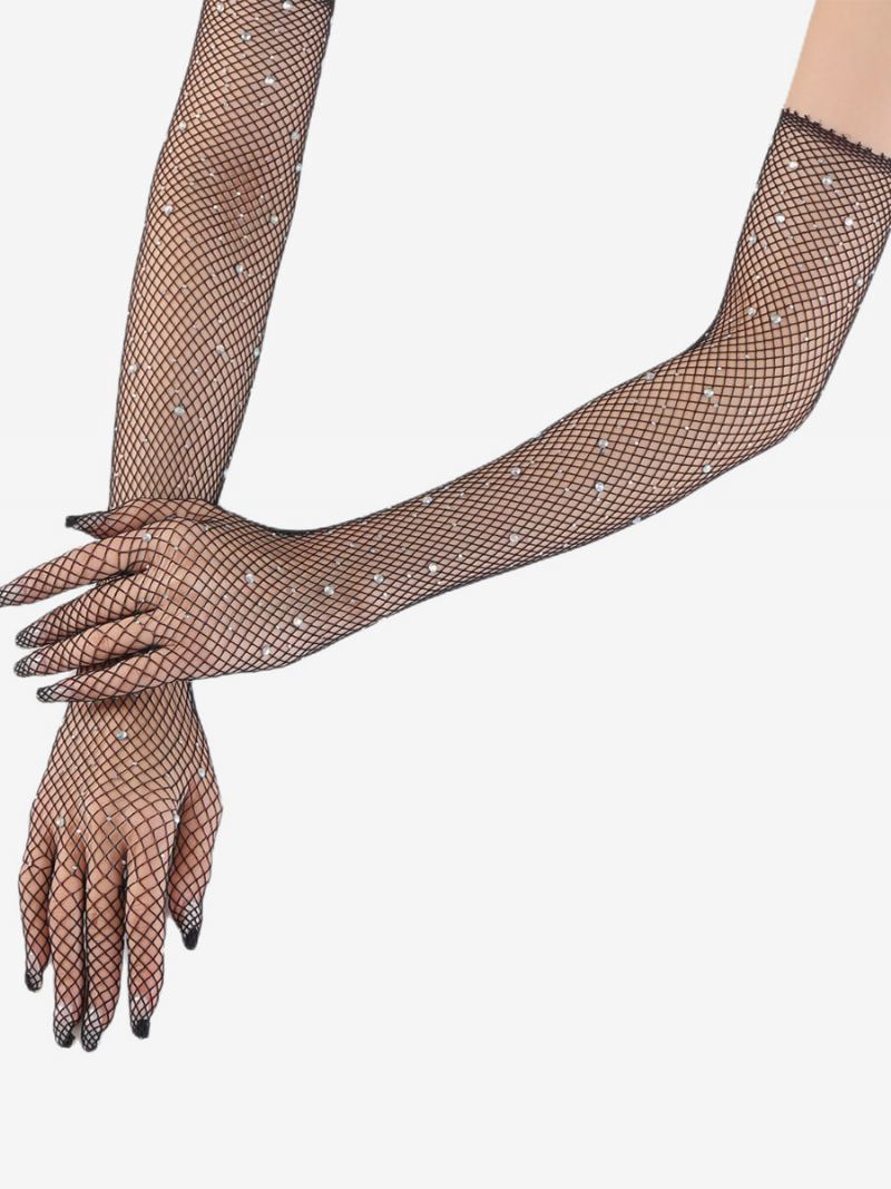 Rhinestone Mesh Arm Sleeve Bling Fishnet Lange Hansker For Kvinner - Sort