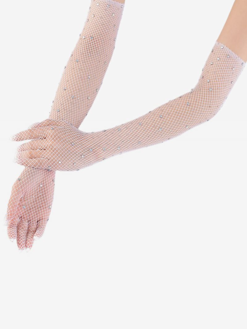 Rhinestone Mesh Arm Sleeve Bling Fishnet Lange Hansker For Kvinner - Hvit