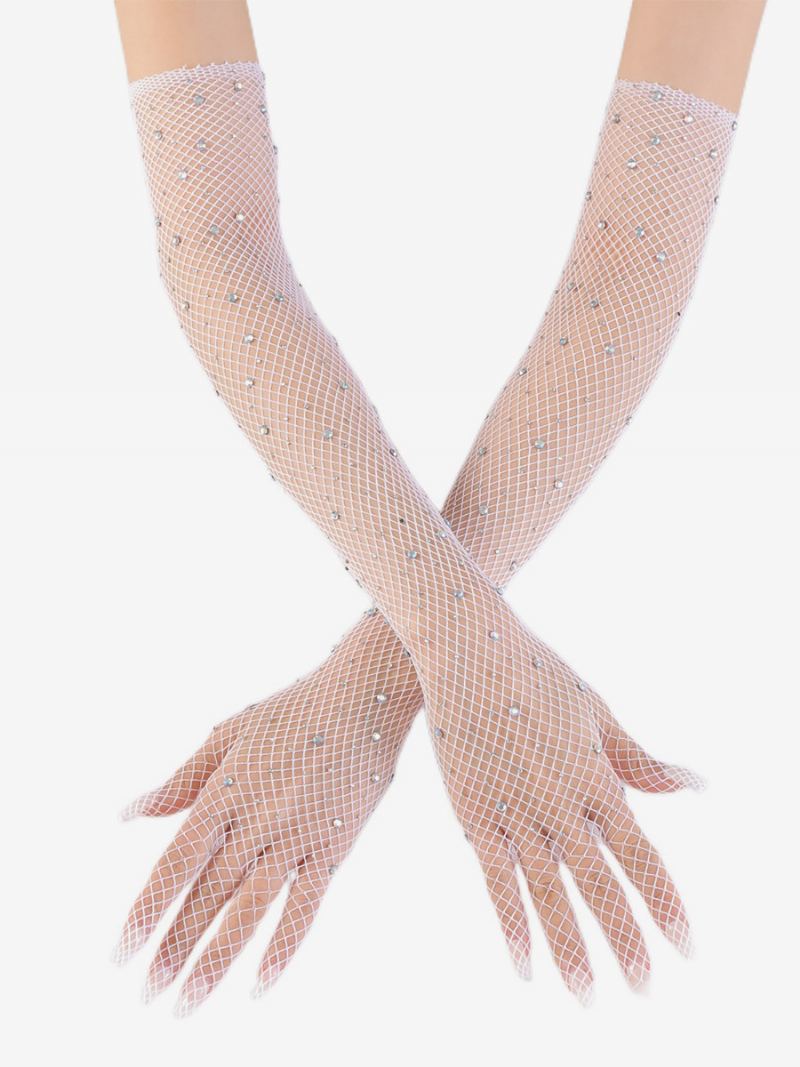 Rhinestone Mesh Arm Sleeve Bling Fishnet Lange Hansker For Kvinner - Hvit