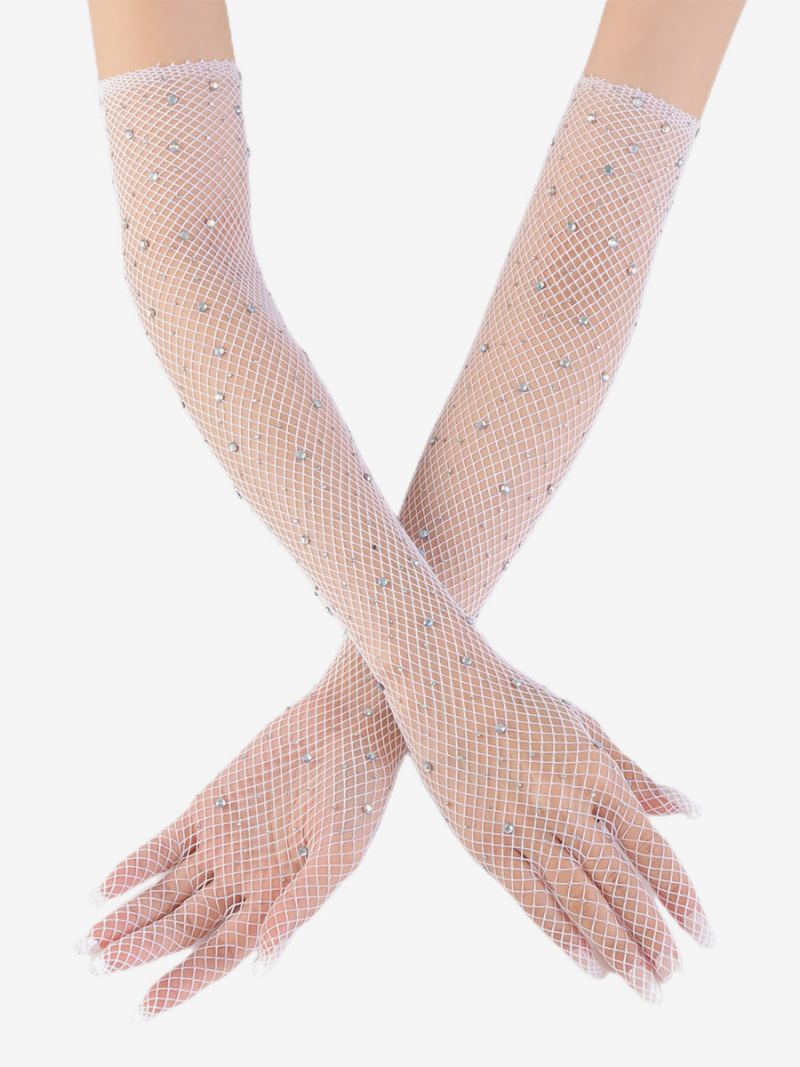 Rhinestone Mesh Arm Sleeve Bling Fishnet Lange Hansker For Kvinner - Hvit