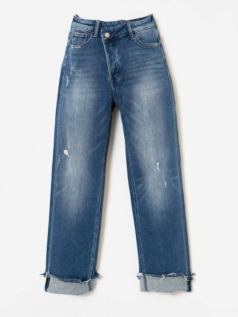 Cropped Denim Bukser Button Fly Rett Ensfarget Jeans For Kvinner - Blå