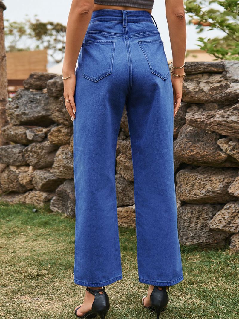 Dame Jeans Cowboy Split Front Hevet Midje Denim Bottoms - Dyp Blå