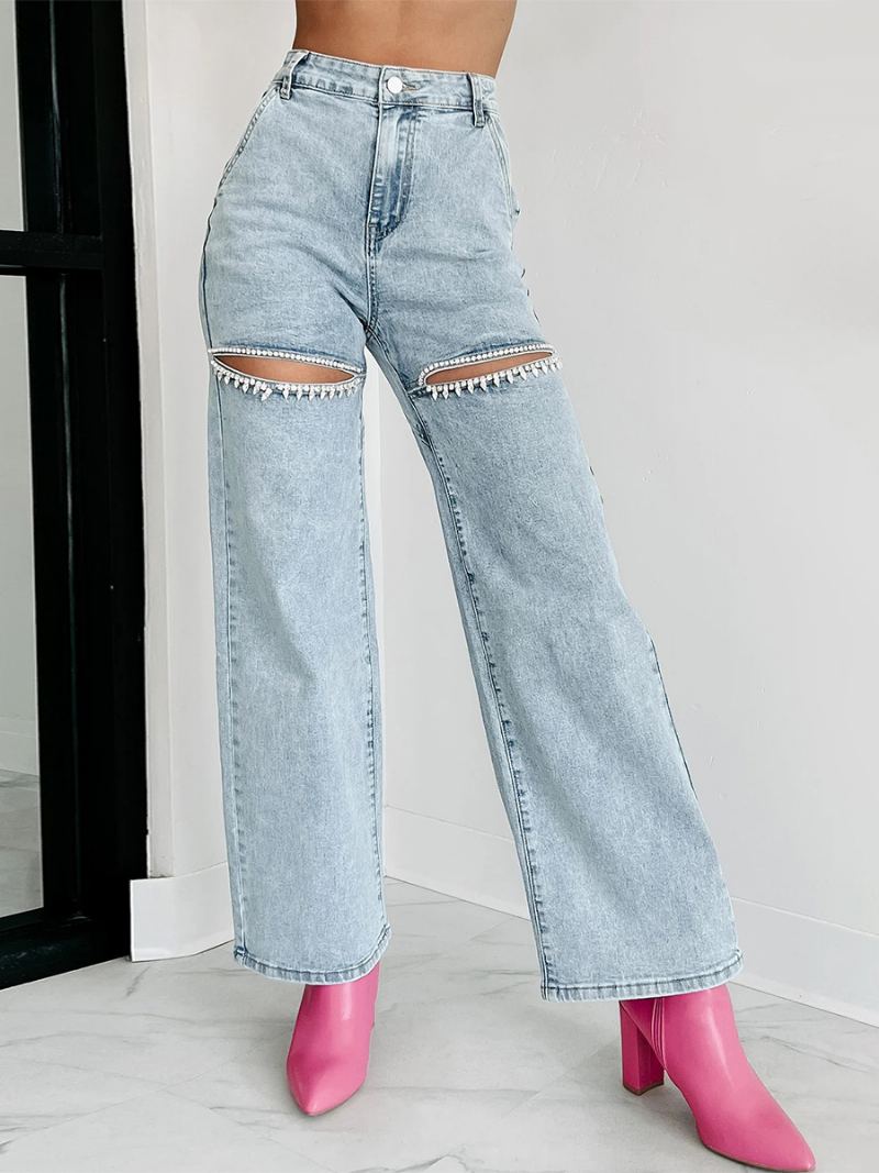 Dame Jeans Med Brede Ben Rhinestones Cutout Høy Midje Casual Denimbukser