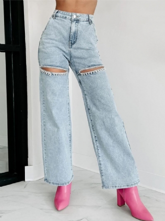 Dame Jeans Med Brede Ben Rhinestones Cutout Høy Midje Casual Denimbukser