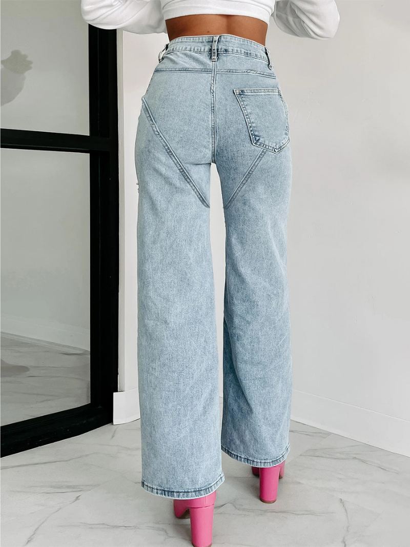 Dame Jeans Med Brede Ben Rhinestones Cutout Høy Midje Casual Denimbukser - Blå