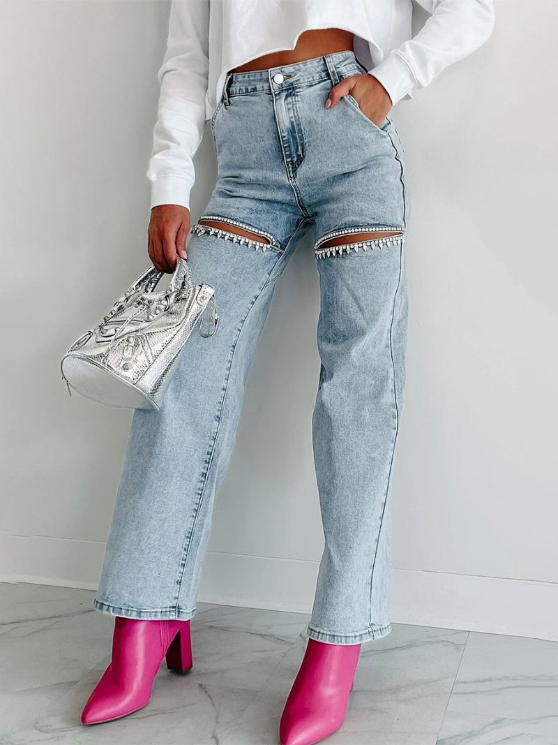 Dame Jeans Med Brede Ben Rhinestones Cutout Høy Midje Casual Denimbukser - Blå