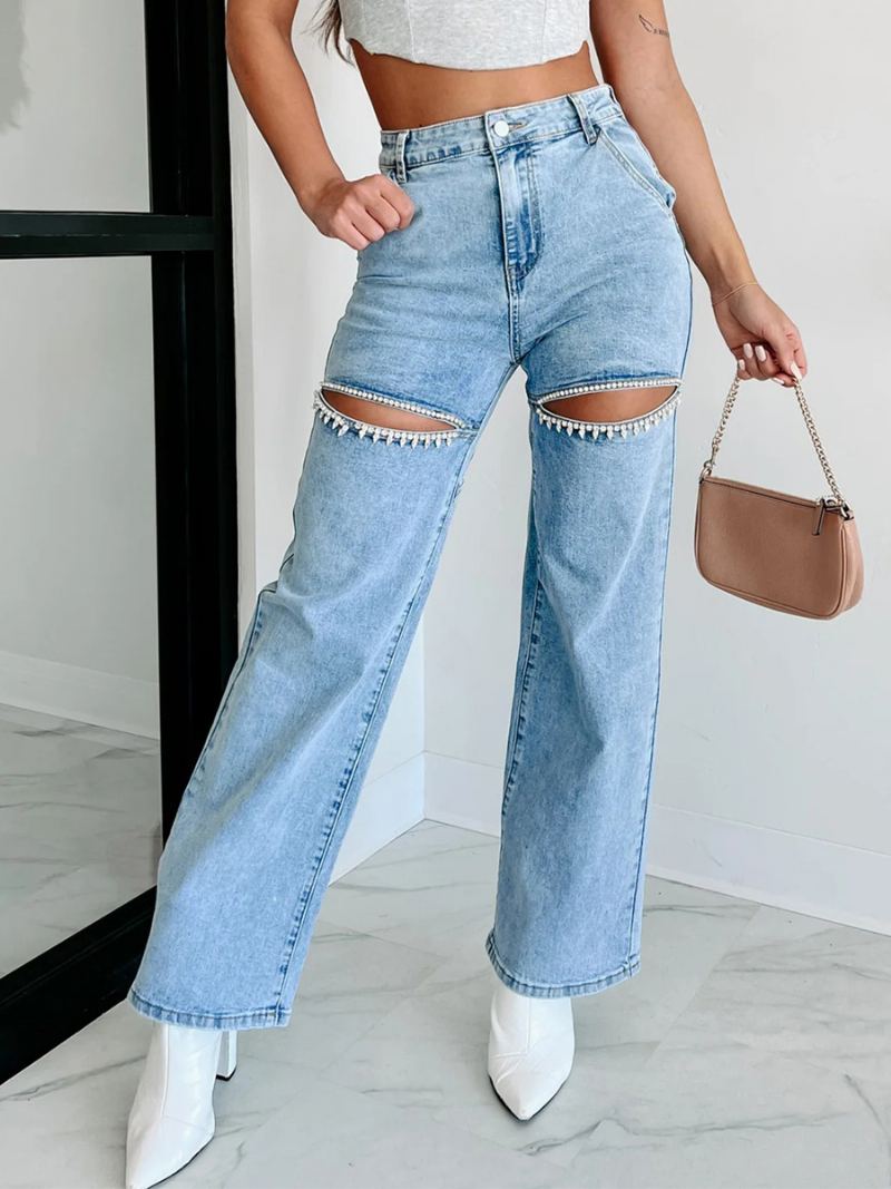 Dame Jeans Med Brede Ben Rhinestones Cutout Høy Midje Casual Denimbukser - Blå