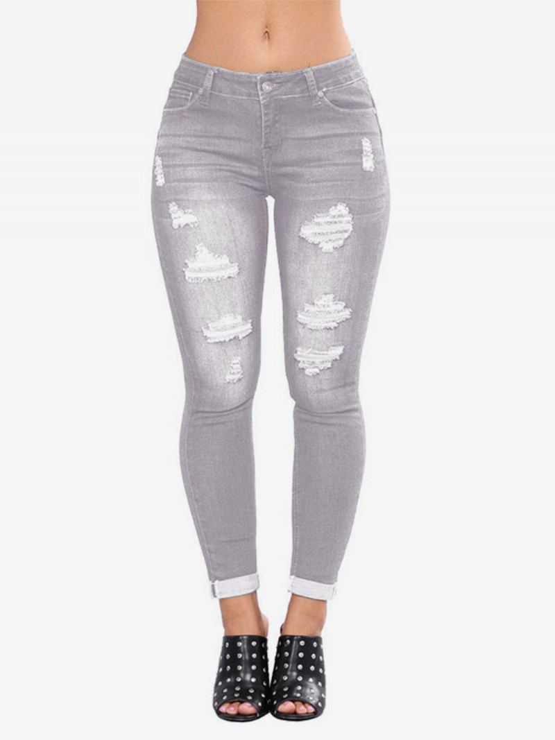 Dame-jeans Moderne Distressed Skinny Bomull Bunner - Grå