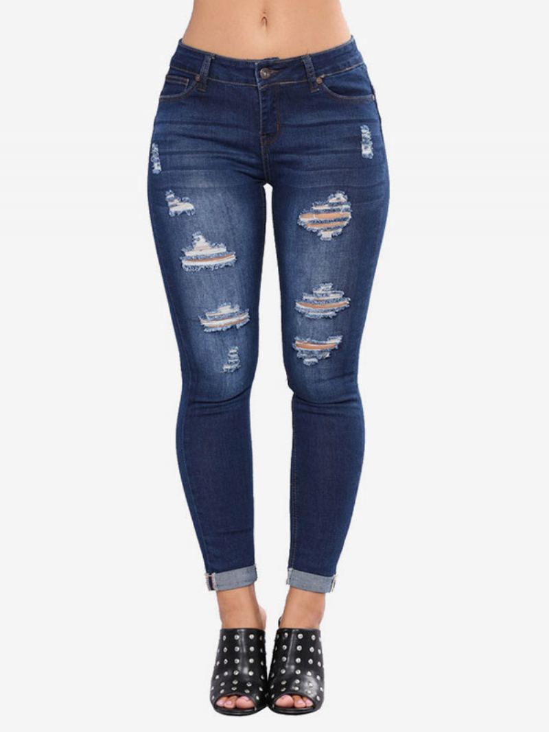 Dame-jeans Moderne Distressed Skinny Bomull Bunner - Dyp Blå