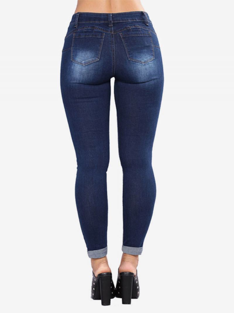 Dame-jeans Moderne Distressed Skinny Bomull Bunner - Dyp Blå