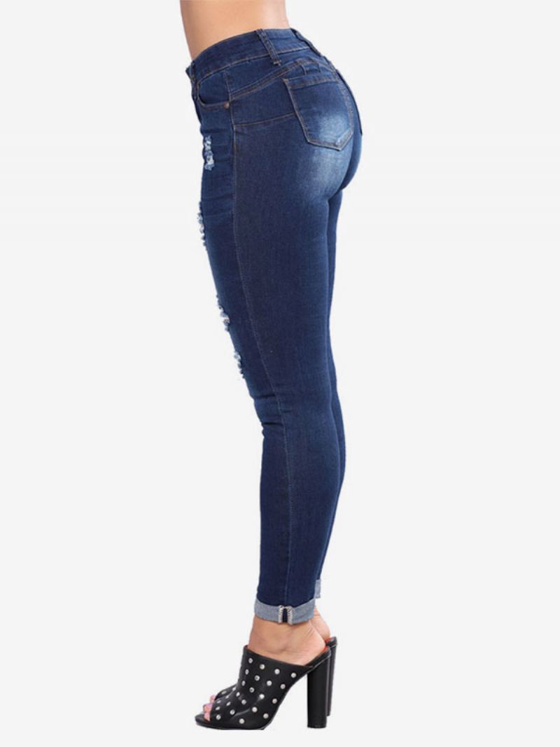 Dame-jeans Moderne Distressed Skinny Bomull Bunner - Dyp Blå