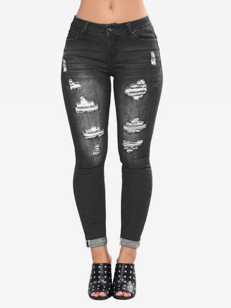 Dame-jeans Moderne Distressed Skinny Bomull Bunner - Sort