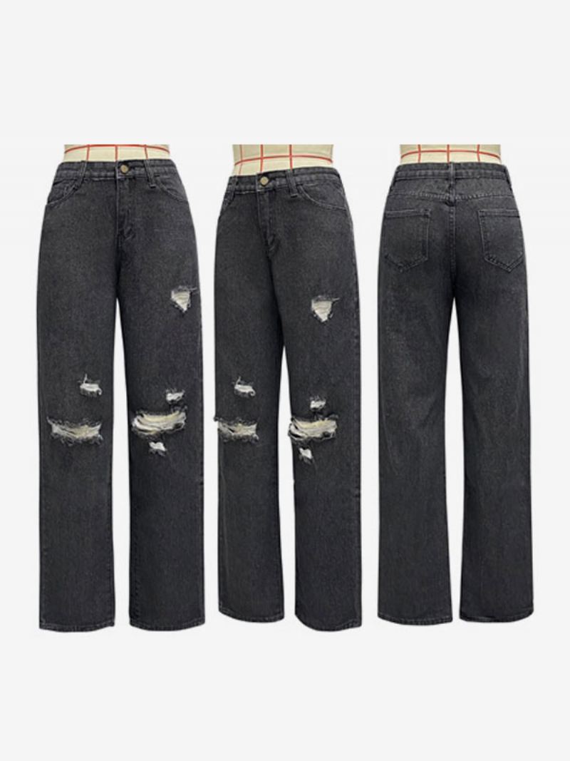 Distressed Jeans For Kvinner Bredt Ben Glidelås Flue Denimbukser Med Høy Midje I Svart - Svart