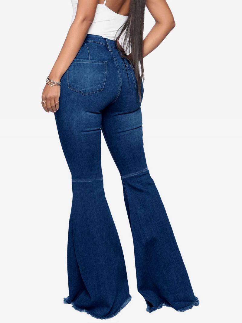 Flare Jeans For Kvinner Raw Edge High Rise Bell Bottoms 2024 - Dyp Blå